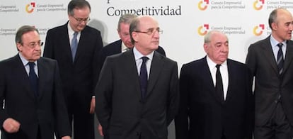 El presidente de ACS, Florentino Pérez, y sus homólogos en Grupo Barceló, Pedro Barceló; Repsol, Antonio Brufau; el Corte Inglés, Isidoro &Aacute;lvarez, y Ferrovial, Rafael del Pino.