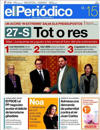 'El Periódico' remarca que CiU i ERC aniran en llistes separades però negocien un full de ruta independentista.