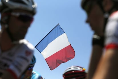 Un aficionado levanta una bandera francesa al paso del pelotón en la 16º etapa del Tour de Francia.