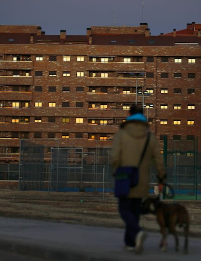 Un hombre pasea a su perro ante los edificios, una imagen frecuente al atardecer en los descampados de Seseña.