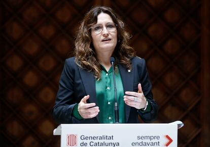 La vicepresidenta de la Generalitat, Laura Vilagrà, durante su  comparecencia en el Palau de la Generalitat.