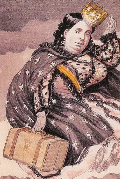 Caricatura de Isabel II publicada en <i>Vanity Fair</i> en 1869, en el aniversario de su expulsión del trono.
