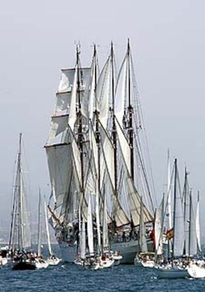 El <i>Juan Sebastián de Elcano, </i>rodeado de veleros en el Port Vell de Barcelona.