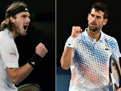 Stefanos Tsitsipas y Novak Djokovic, en las pistas de Melbourne Park.