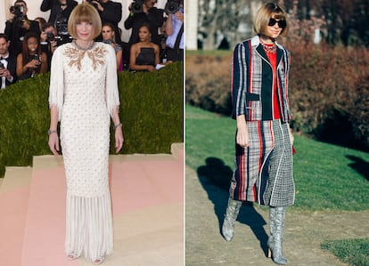 Anna Wintour

Tres son las señas de identidad de la editora más famosa del mundo: su corte de pelo (bob con flequillo, lleva luciéndolo desde que era joven), sus zapatos firmados por Manolo Blahnik (siempre fiel al mismo modelo) y sus collares de cristal (en la imagen de la derecha). Pocas mujeres pueden presumir de tener un estilo tan identificable, atemporal y único.