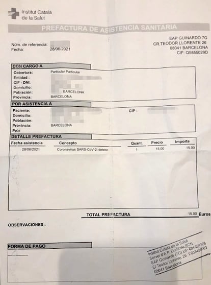 Factura del pago de un test en un CAP de Barcelona para viajar, a pesar de las instrucciones contrarias del Departamento de Salud.