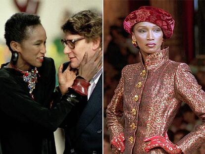 Katoucha, arriba, en su época de modelo impresincible en la semana de la alta costura de París. A la izquierda, con Yves Saint Laurent.