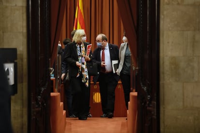 El líder del PSC, Miquel Iceta, durante la reunión sobre la fecha electoral, este viernes en el Parlament.