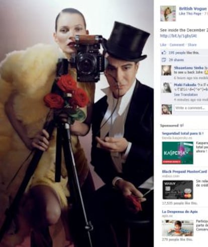 Una de las fotos de Kate Moss y John Galliano de la edici&oacute;n de diciembre de &#039;Vogue&#039;, en el Facebook de la edici&oacute;n brit&aacute;nica.