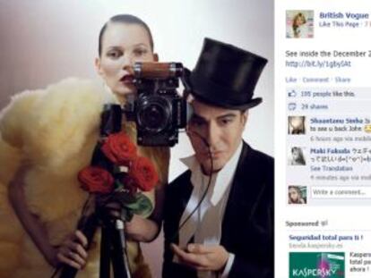Una de las fotos de Kate Moss y John Galliano de la edición de diciembre de 'Vogue', en el Facebook de la edición británica.