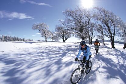 En algunas estaciones de esquí se trazan rutas específicas para recorrer en bicicleta de montaña cuando todo está nevado. Pero una excursión sobre dos ruedas en la nieve se puede realizar en cualquier camimo, como éste, en la región de la Selva Negra, al sur de Alemania.