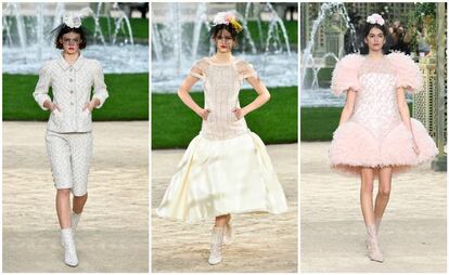 Tres de los diseños de Karl Lagerfeld para la nueva colección de Chanel presentada este martes en la Semana de la alta costura de París.