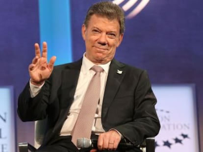 El presidente de Colombia, Juan Manuel Santos, en un encuentro de la Fundación Clinton este lunes en Nueva York.