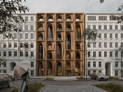 Recreación de un edificio en Berlín que tomaría los modos y materiales de construcción del proyecto TOVA para aplicarse a construcciones de varias alturas en grandes ciudades.