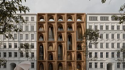 Recreación de un edificio en Berlín que tomaría los modos y materiales de construcción del proyecto TOVA para aplicarse a construcciones de varias alturas en grandes ciudades.