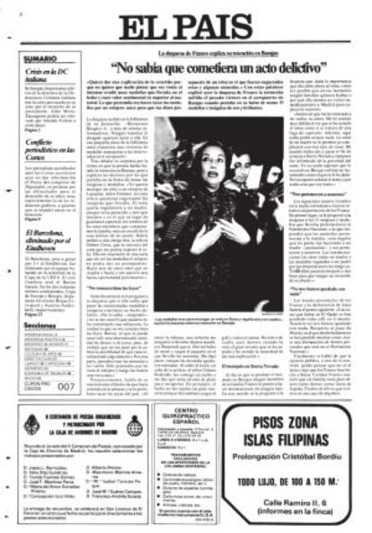 Portada de EL PAÍS de abril de 1978 con las explicaciones de Carmen Polo tras ser retenida en Barajas.