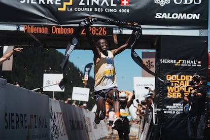 Philemon Kiriago celebra su victoria en la meta de la Sierre-Zinal este sábado. Foto cedida por Golden Trail World Series.