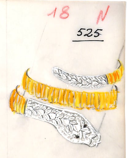 Boceto de un reloj de pulsera Serpenti Tubogas de 1967 con cuerpo en oro, platino y diamantes.