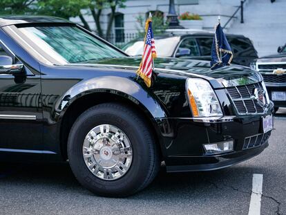 A Goodyear tire is seen on U.S. President Donald Trump's presidential limousine, known as the Beast, that is parked outside of the West Wing of the White House in Washington, D.C., U.S., August 20, 2020. REUTERS/Sarah Silbiger