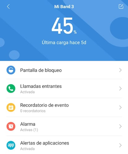 Opciones Xiaomi Mi Band 3