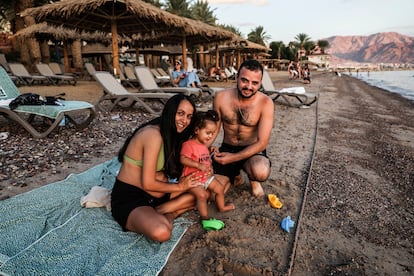 Professor Zira Sabet and her family displaced by the war, on Monday in Eilat, southern Israel.