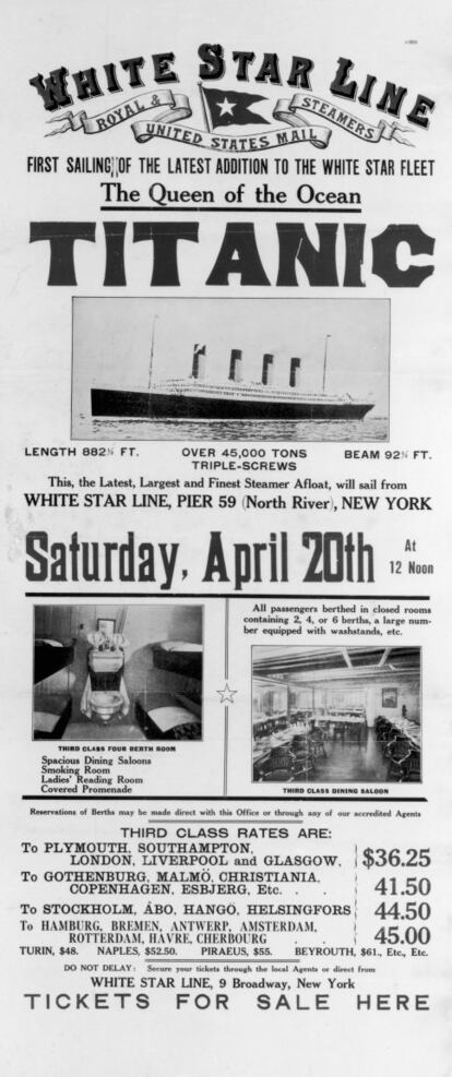 El Titanic tenía previsto llegar a Nueva York para luego partir a Inglaterra el 20 de abril. En la imagen, un anuncio de la compañía para la venta de pasajes.