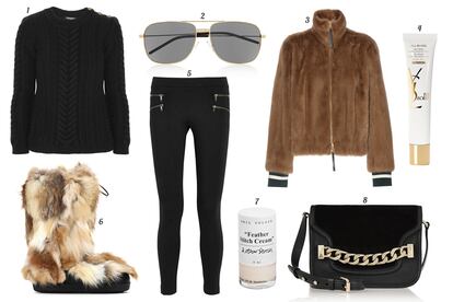 1. Balmain Jersey con botones en un hombro. 2. Saint Laurent Gafas de sol con montura metálica. 3. Marni Chaqueta de pelo con puños de punto. 4. Yves Saint Laurent BB Cream 'Top Secrets'. 5. DKNY Leggings con cremalleras. 6. Chloé Bota de pelo. 7. & Other Stories Laca de uñas 'Feather Stich Cream'. 8. Karl Lagerfeld Bandolera de piel y ante con detalle de cadena.