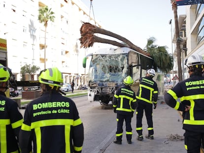 Estado del autobús después del atropello mortal en Cádiz.