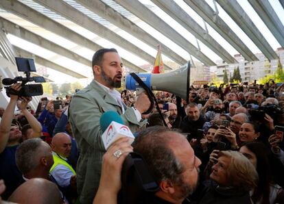 El presidente de Vox, Santiago Abascal durante un acto electoral celebrado hoy en Oviedo.