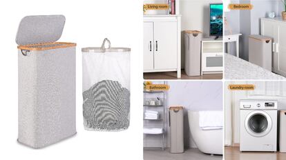 cesto con malla extraíble y 60 litros de capacidad donde se almacena la ropa sucia