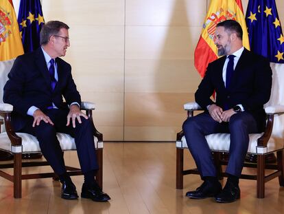 El líder del PP, Alberto Núñez Feijóo, y el de Vox, Santiago Abascal, durante la reunión mantenida este martes en el Congreso.