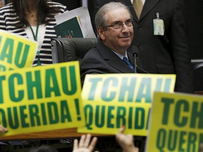 Cunha na sessão em que a Câmara dos Deputados aprovou o impeachment de Dilma Rousseff, em 17 de abril de 2016.