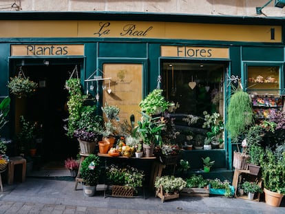 Facade of flower shop in Madrid, Spain. (Sabadell - Pequeño comercio)