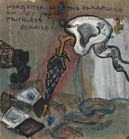 Gouache sobre papel de aluminio '¡Olvidada, como este paraguas a tu lado estoy, infiel Berenice!' de Elsa von Freytag de 1924 expuesto en 'The 31 Women Collection'.