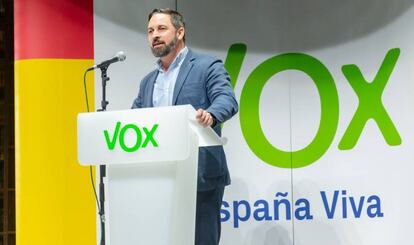 El presidente de Vox, Santiago Abascal, durante una intervención de partido en Madrid el pasado 25 de febrero.