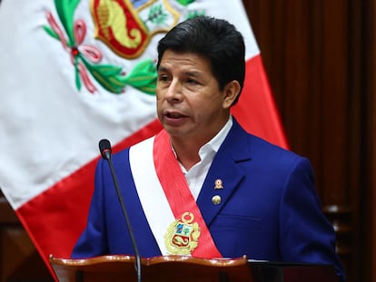 Pedro Castillo, presidente de Perú, durante su discurso a la nación en el Congreso.