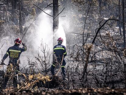 Los bomberos apagan una zona forestal quemada por un incendio forestal en Fuente de la Reina, cerca de Castellón, este miércoles.