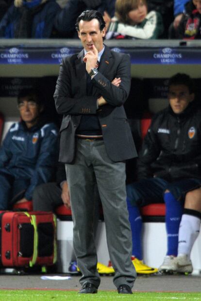 Emery, entrenador del Valencia, durante el partido ante el Bayer Leverkusen.