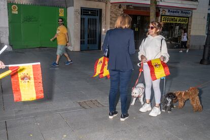 Vecinos de Alcorcón con las banderas de España repartidas por Vox.

