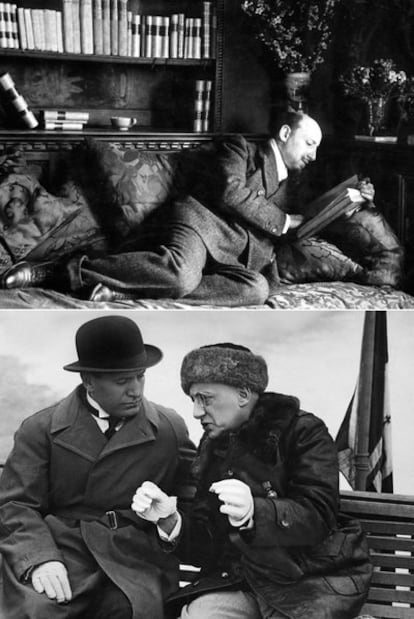 Gabriele d'Annunzio leyendo en su dormitorio, en 1890. Y, abajo, el escritor (a la derecha) con Mussolini.
