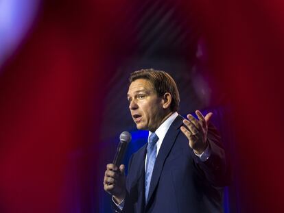 Florida Governor Ron DeSantis speaks during a Freedom Blueprint event in Des Moines, Iowa, on March 10, 2023.