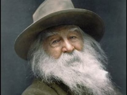 Un retrato de Walt Whitman coloreado por History Colors.