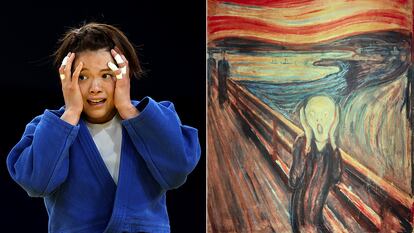 On the left, Uta Abe, the Japanese juooka whose cries of frustration after losing in the under-52 kg elimination round of 16 will never be forgotten. On the right, 'The Scream' by Edvard Munch (1863-1944).