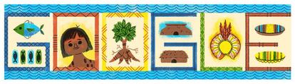 Doodle criado pelo Google para celebrar o 56º aniversário do Parque Indígena do Xingu.