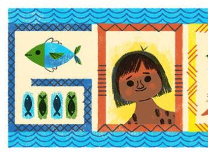 Doodle criado pelo Google para celebrar o 56º aniversário do Parque Indígena do Xingu.