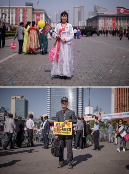 Arriba Ri Kum Hui, tras un desfile militar en la plaza Kim Il Sung de Pyongyang, el 15 de abril de 2017. Abajo, el contraalmirante retirado Park Sae-hun posa sosteniendo una pancarta durante una manifestación en Seúl, el 12 de septiembre de 2017.