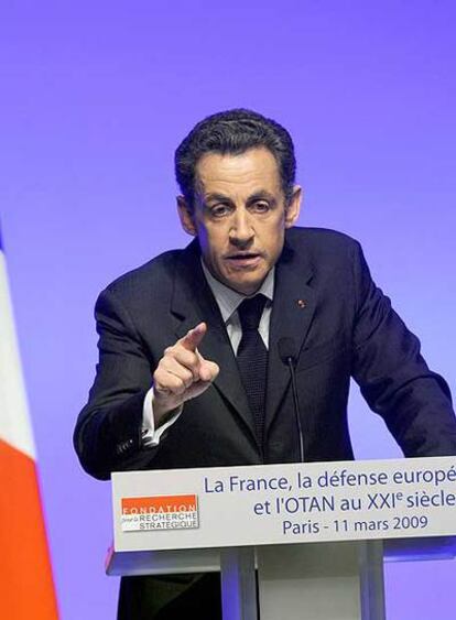 El presidente Nicolas Sarkozy, durante su intervención en la Escuela Militar de París.