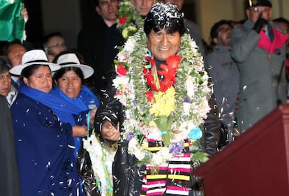 Evo Morales pictured on his eventual return to Bolivia on July 3. 