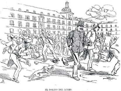 Dibujo publicado en &#039;Nuevo Mundo&#039; el 13 de febrero de 1896 dando noticia de un b&oacute;lido que estall&oacute; sobre Madrid.