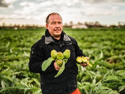 El agricultor Xavi Oliva en su campo de alcachofas en El Prat de Llobregat (Barcelona).